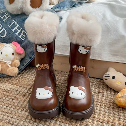 Pair of brown children's Hello Kitty winter boots with cream faux-fur cuffs and character decorations, front view