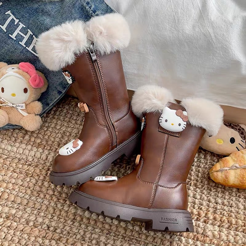 Brown children's Hello Kitty winter boots with fluffy cream fur trim and side zipper, side view