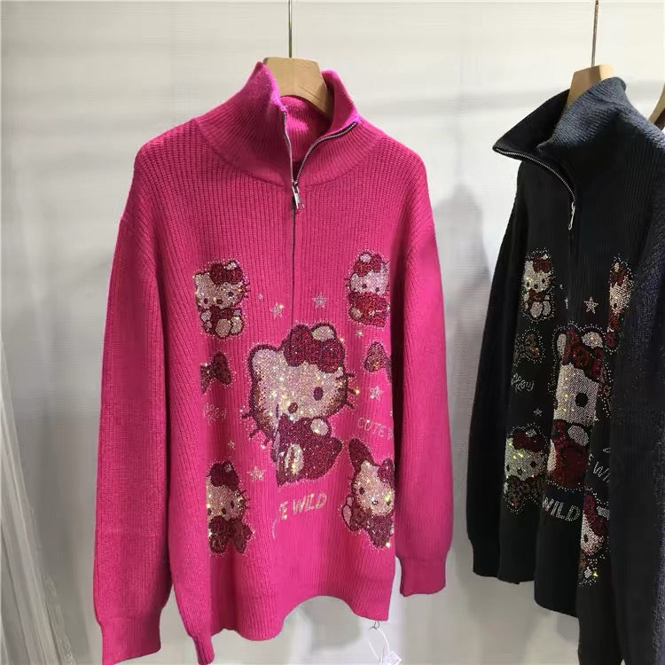 Hot pink oversized rhinestone zip-up knit sweater with character-inspired front design