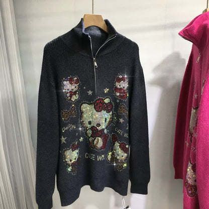 Black oversized rhinestone zip-up knit sweater with character-inspired front design