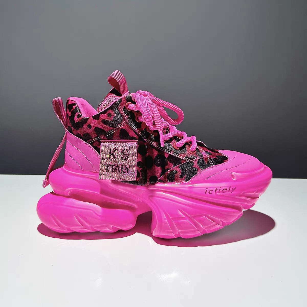 Hot pink leopard-print platform sneaker side view