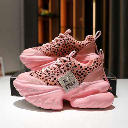 Light pink leopard-print platform sneakers with chunky soles