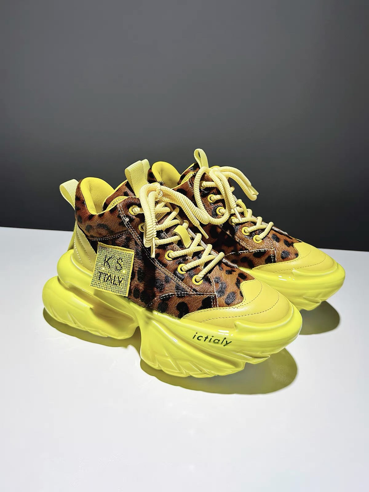 Yellow leopard-print chunky platform sneakers