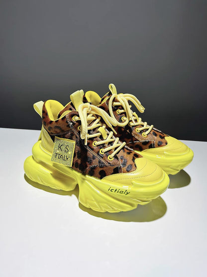Yellow leopard-print chunky platform sneakers