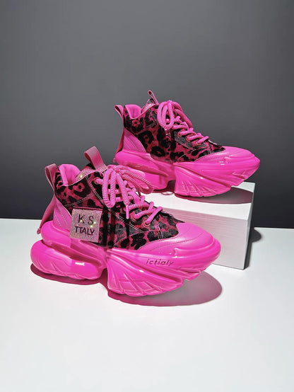 Hot pink leopard-print high-top platform sneakers