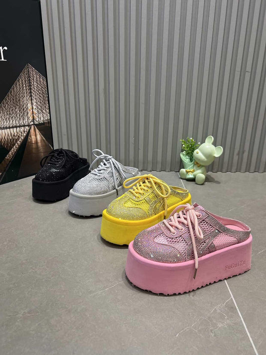 Women Chunky Platform Sneakers | Rhinestone Mesh Lace-Up Casual Shoes | Height Increasing Fashion Footwear