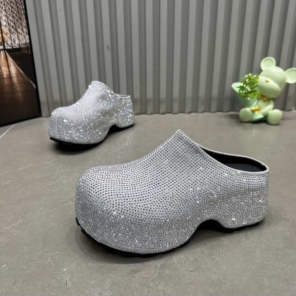 Silver rhinestone clogs 
platform wedge shoes