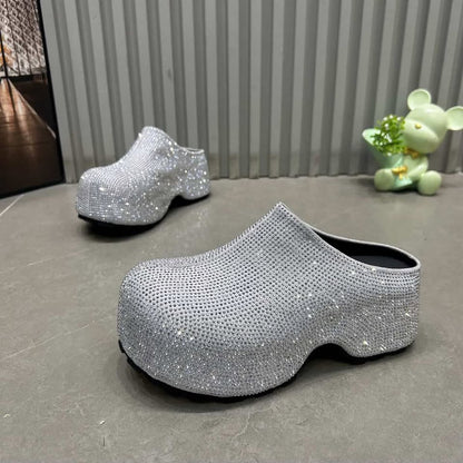 Silver rhinestone clogs 
platform wedge shoes