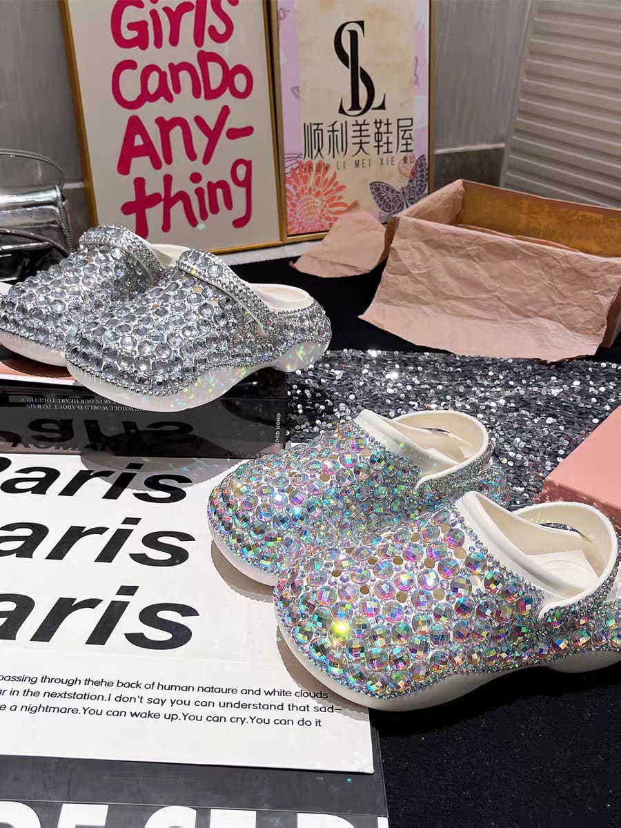 Luxury white crystal rhinestone embellished platform clogs slip-on sandals for women