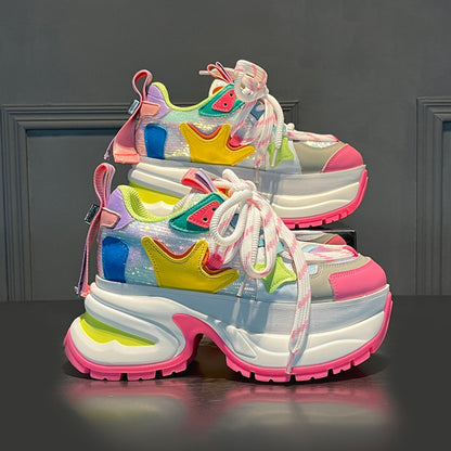 Colorful thick-soled dad shoes for women 2025 new spring color-blocking breathable rhinestone mesh heightened SAM390