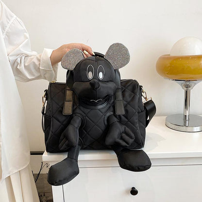 Unique Black Quilted Bag with Plush cartoon with rhinestone ears SAM90