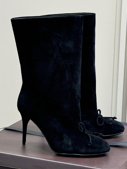 2025 Collection: Luxe Leather & Suede Mid-Calf Boots with Signature Bow Detail SAM764