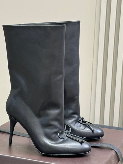2025 Collection: Luxe Leather & Suede Mid-Calf Boots with Signature Bow Detail SAM764