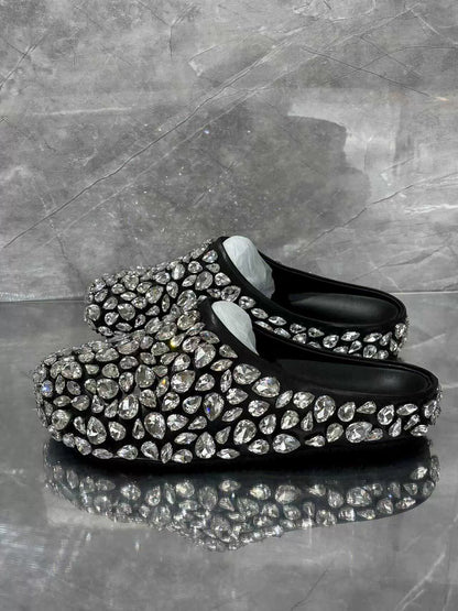 SFH luxury flats Silver rhinestone shoes French half slippers for women square toe diamond mules shiny half-up sandals SAM13