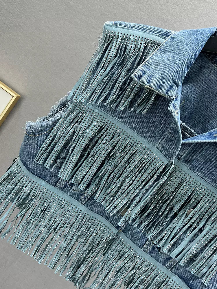 Heavy-duty tassel hot diamond denim vest jacket for women  new loose slim sleeveless jacket