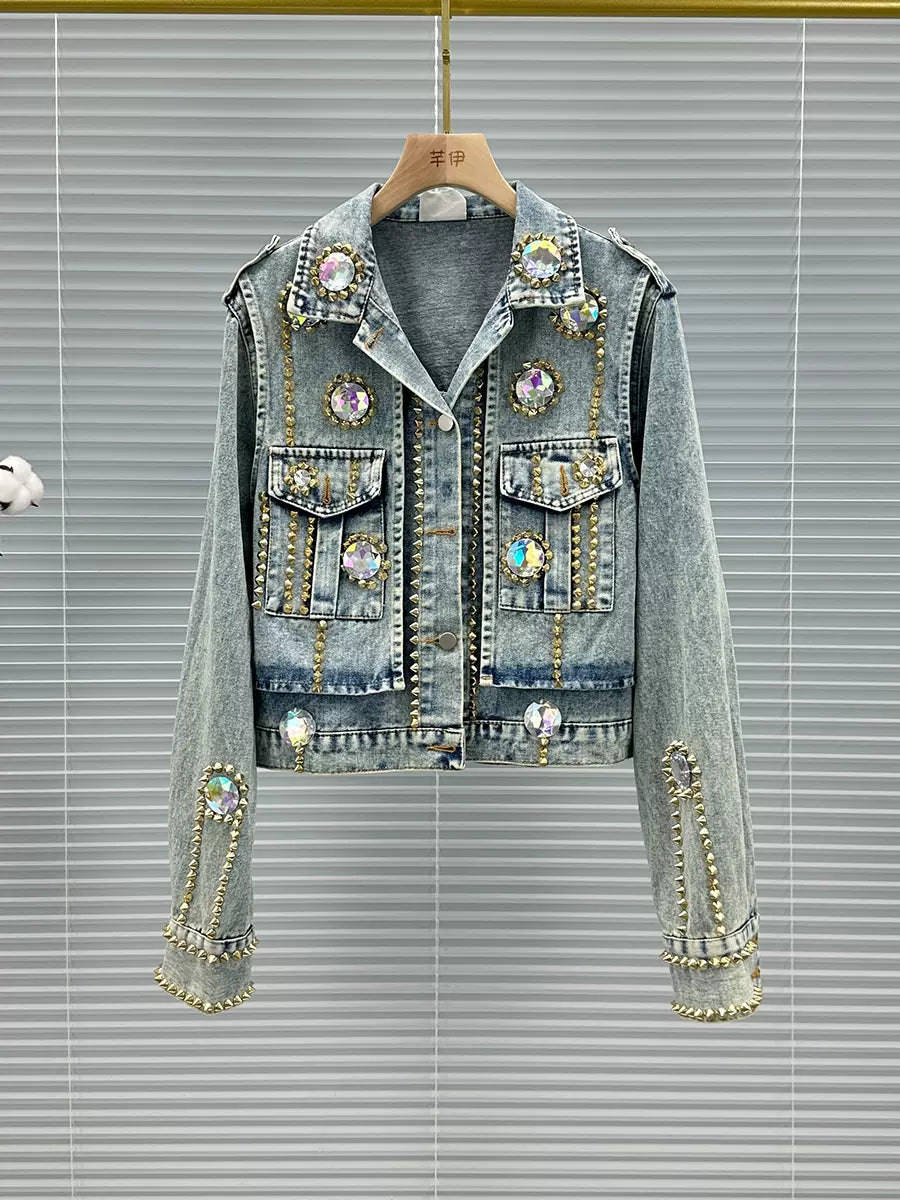 SFH denim jacket women's fashion denim jacketnew loose slim heavy rivet fake two-piece long-sleeved jacket