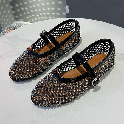 SFH Hollow breathable full diamond Mary Jane shoes for women 2024 summer new temperament French style flat soft bottom with skirt shallow mouth single shoes