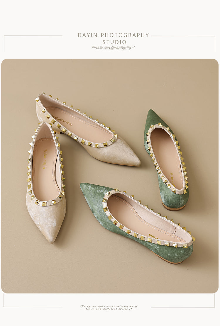 Pointed shallow mouth personality rivet versatile flat shoes green suede lady temperament fairy gentle scoop shoes large sizes