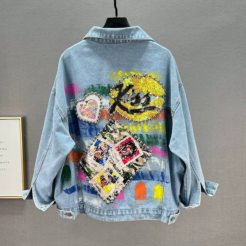 SFH  Heavy sequin denim jacket for women trendy SFH new style niche design painted loose long-sleeve denim jacketed