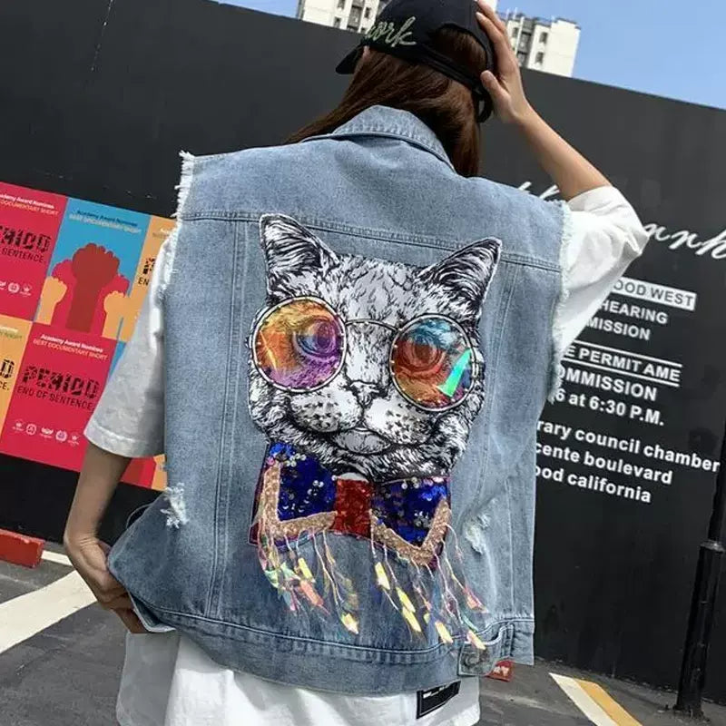 Vest 2024 autumn new version loose SFH style back cat hole ribbon denim vest jacket female trendy