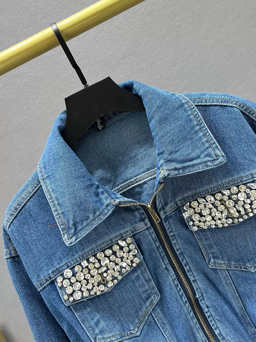 SFH  Diamond-studded denim jacket for women short style 2024 new Rhinestone denim jacket