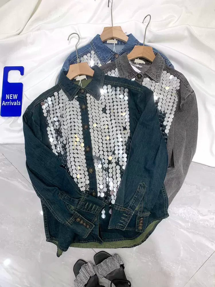 Design heavy sequined street-blasting denim shirt for women 2024 spring new loose shirt oversized Denim Jacket shirt