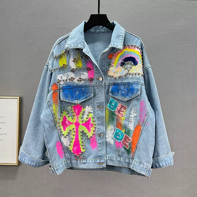 SFH  Heavy sequin denim jacket for women trendy SFH new style niche design painted loose long-sleeve denim jacketed