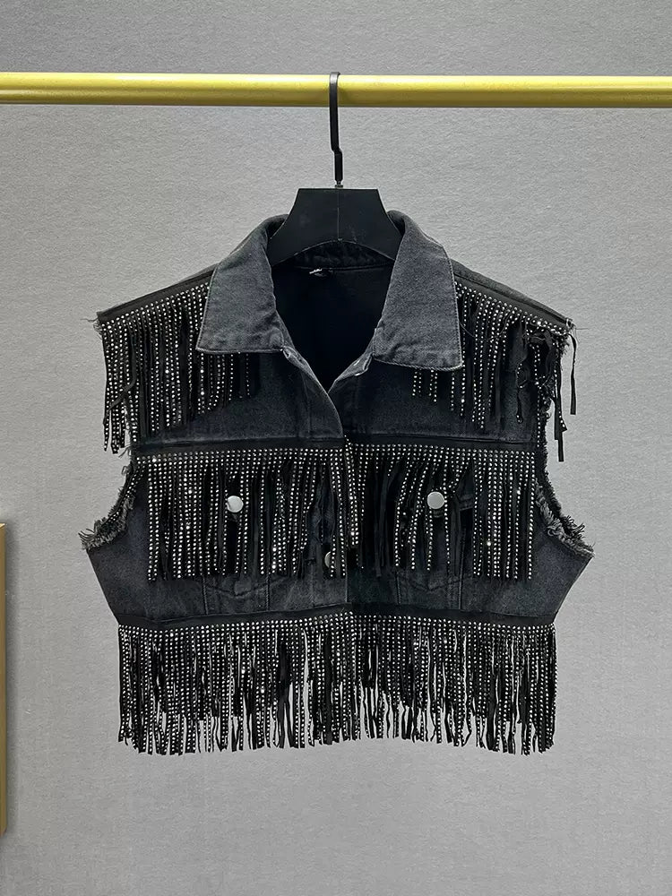 Heavy-duty tassel hot diamond denim vest jacket for women  new loose slim sleeveless jacket