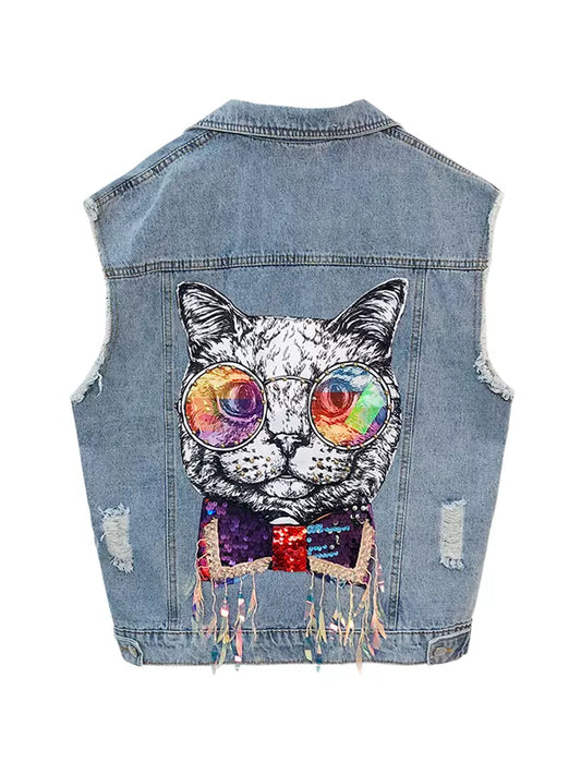 Vest 2024 autumn new version loose SFH style back cat hole ribbon denim vest jacket female trendy