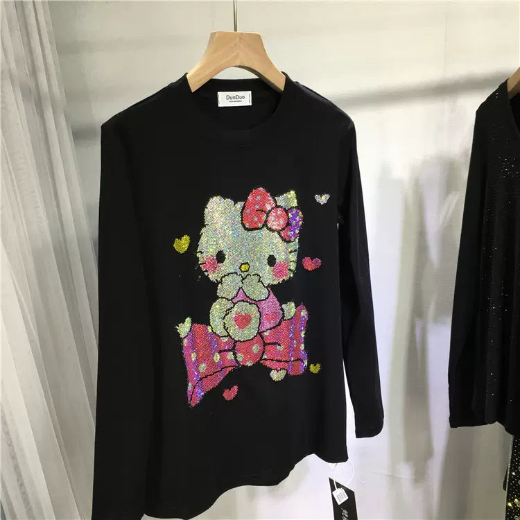 Samysfashionhouse heavy-duty hot diamond bottoming shirt cute KT cat small black top round neck long sleeve autumn top tshirt SAM24