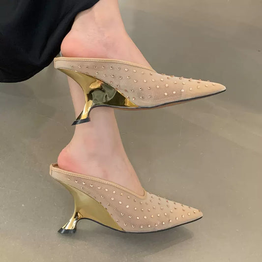 SFH  Purely handmade rhinestone pointed toe toe shoes mesh breathable special shaped high heel half slippers trending heels