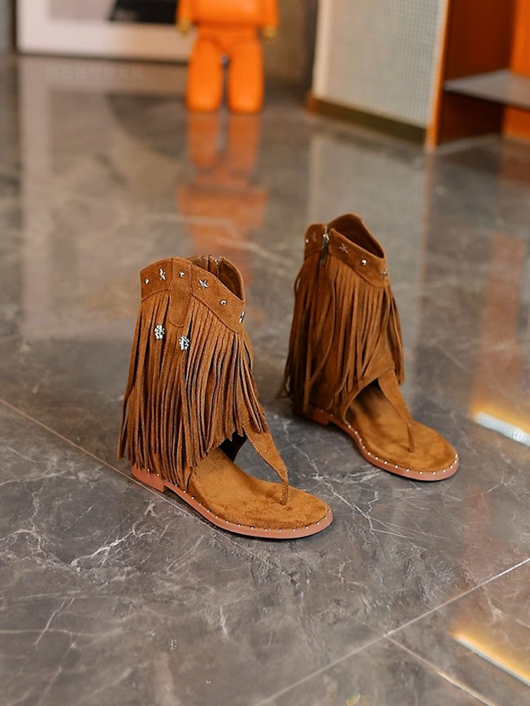6cm increased height tassel short boots for women 2024 spring and summer new flip-toe sandals side zipper roman shoes