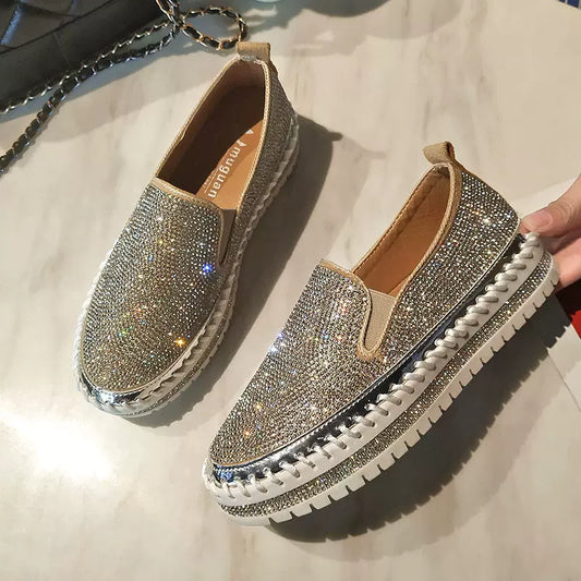 Large size Loafers shoes for women platform shoes thick-soled rhinestone sequined loafers platform heel