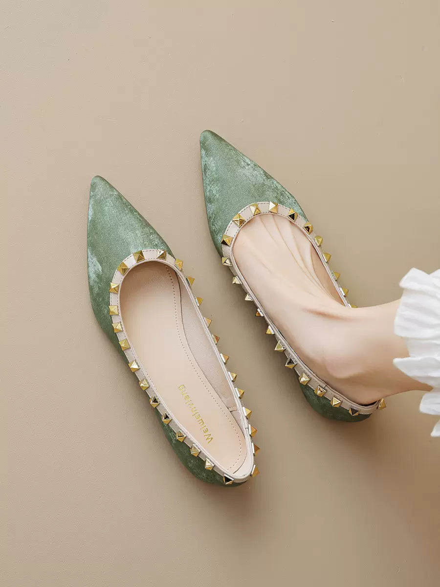 Pointed shallow mouth personality rivet versatile flat shoes green suede lady temperament fairy gentle scoop shoes large sizes