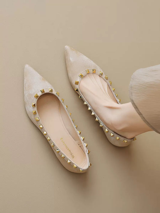 Pointed shallow mouth personality rivet versatile flat shoes green suede lady temperament fairy gentle scoop shoes large sizes
