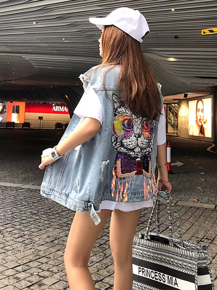 Vest 2024 autumn new version loose SFH style back cat hole ribbon denim vest jacket female trendy