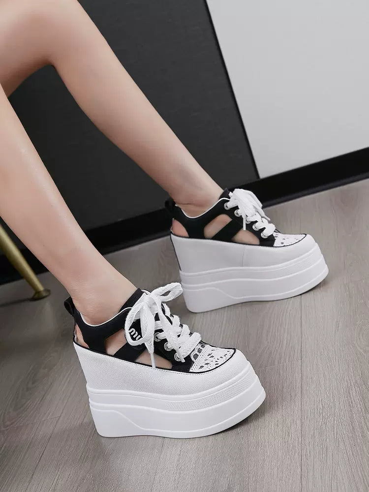 12cm women's shoes 2024 summer new fashion casual versatile thick bottom heightening hollow Roman sandals wedges platform heel