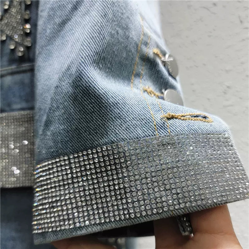 Denim suit jacket for women new design hot diamond beading niche jacket coat retro washed suit