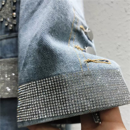Denim suit jacket for women new design hot diamond beading niche jacket coat retro washed suit