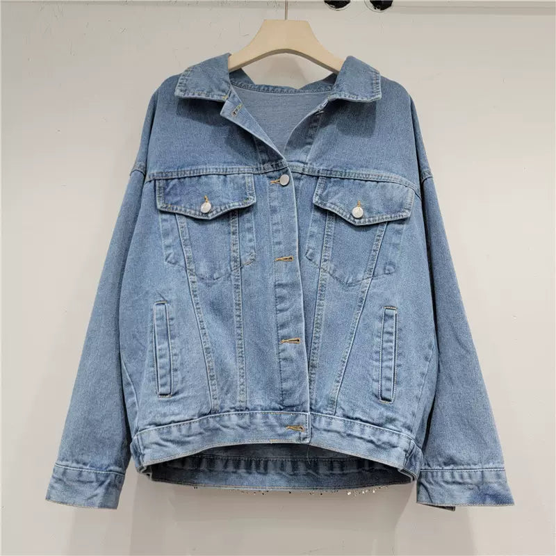 Heavy-duty tassel diamond-studded denim jacket for women new loose casual slim denim jacket