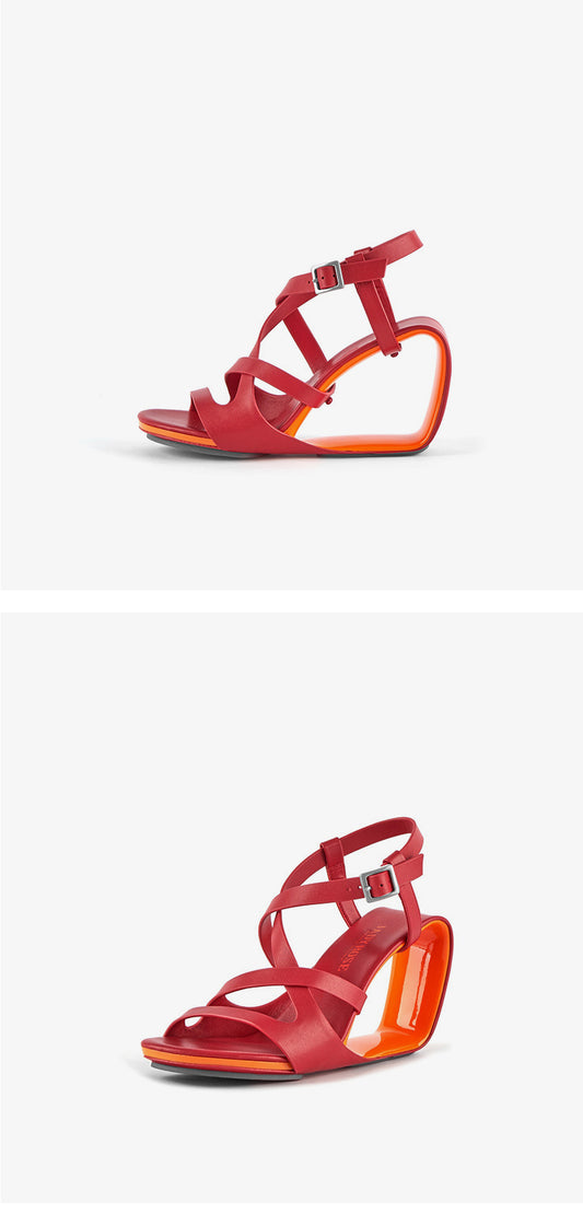 Colorful hollow wedge-heeled thin-strap sandals high-heeled solid color Roman shoes fashionable retro niche SAM19