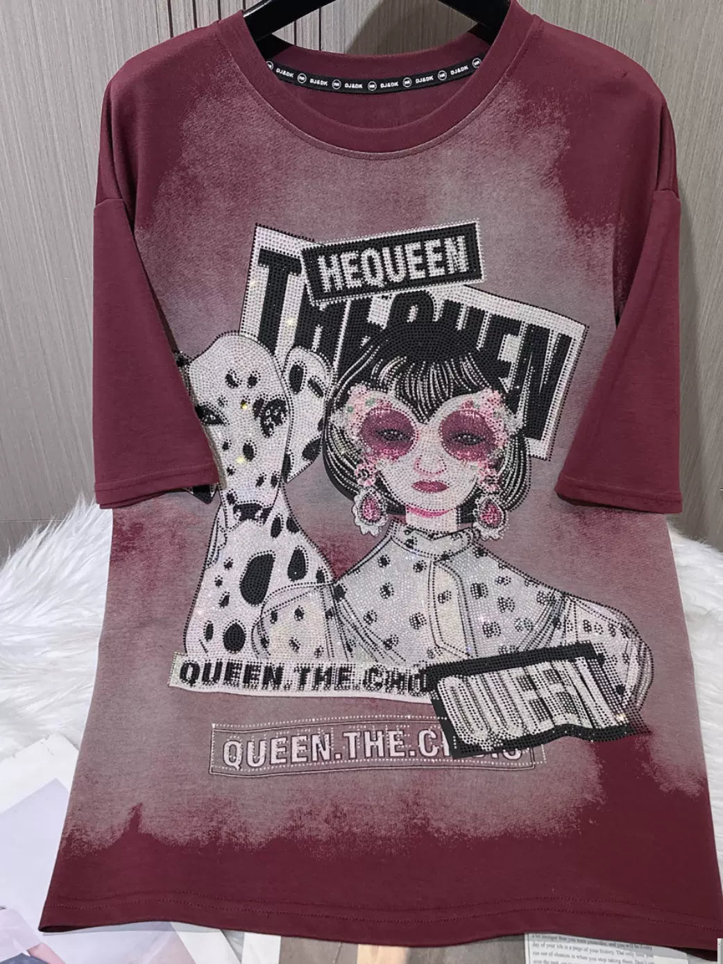 SFH heavy industry hot diamond girl Dalmatian short-sleeved T-shirt female loose medium-long casual fashioN