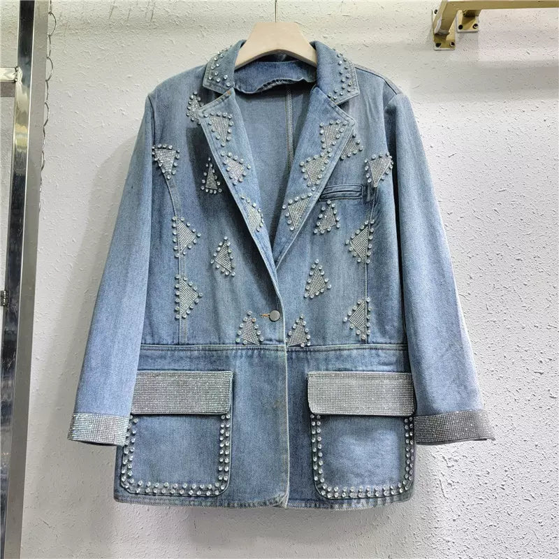 Denim suit jacket for women new design hot diamond beading niche jacket coat retro washed suit