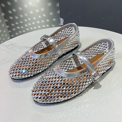 SFH Hollow breathable full diamond Mary Jane shoes for women 2024 summer new temperament French style flat soft bottom with skirt shallow mouth single shoes