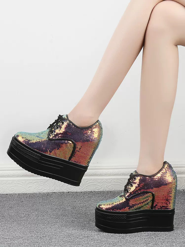 13cm height-enhancing shoes genuine leather sequined casual sneakers British style brogue thick-soled high-heeled hightenshoe SAM16