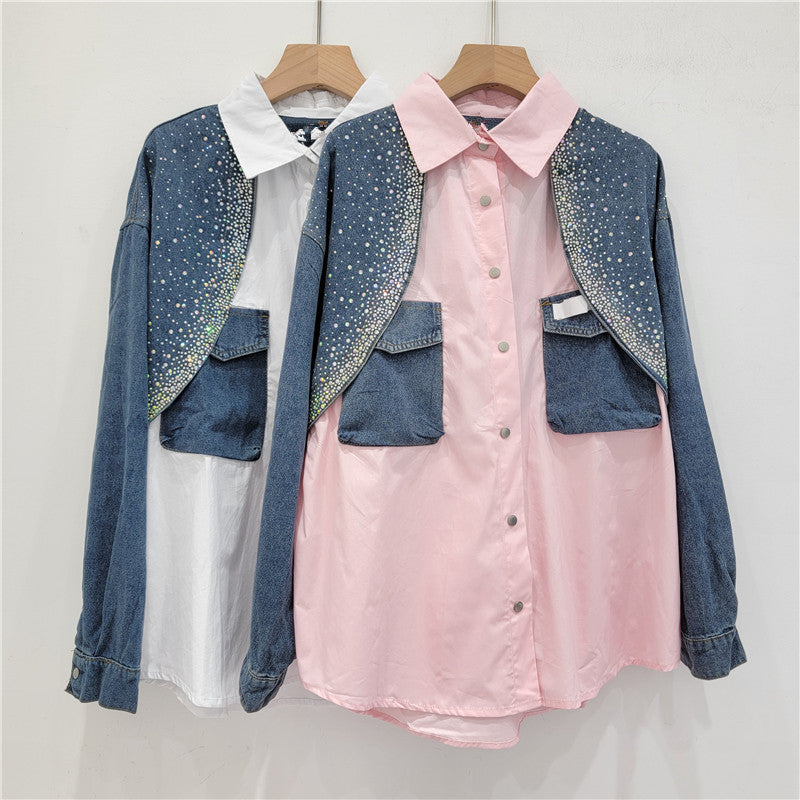 Denim patchwork shirt for women 2024 spring and autumn new style fashion hot diamond SFH loose design shirt