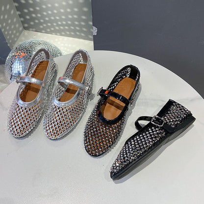 SFH Hollow breathable full diamond Mary Jane shoes for women 2024 summer new temperament French style flat soft bottom with skirt shallow mouth single shoes