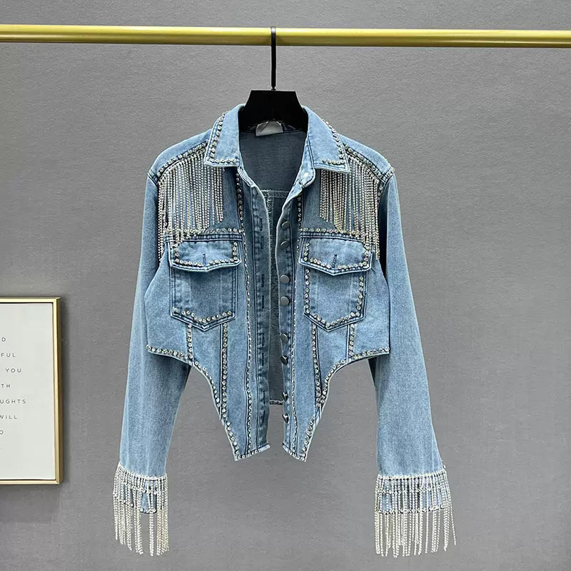 SFH  Tassel denim jacket for women trendy acket new slim fit heavy diamond-studded short jacket denim jacket