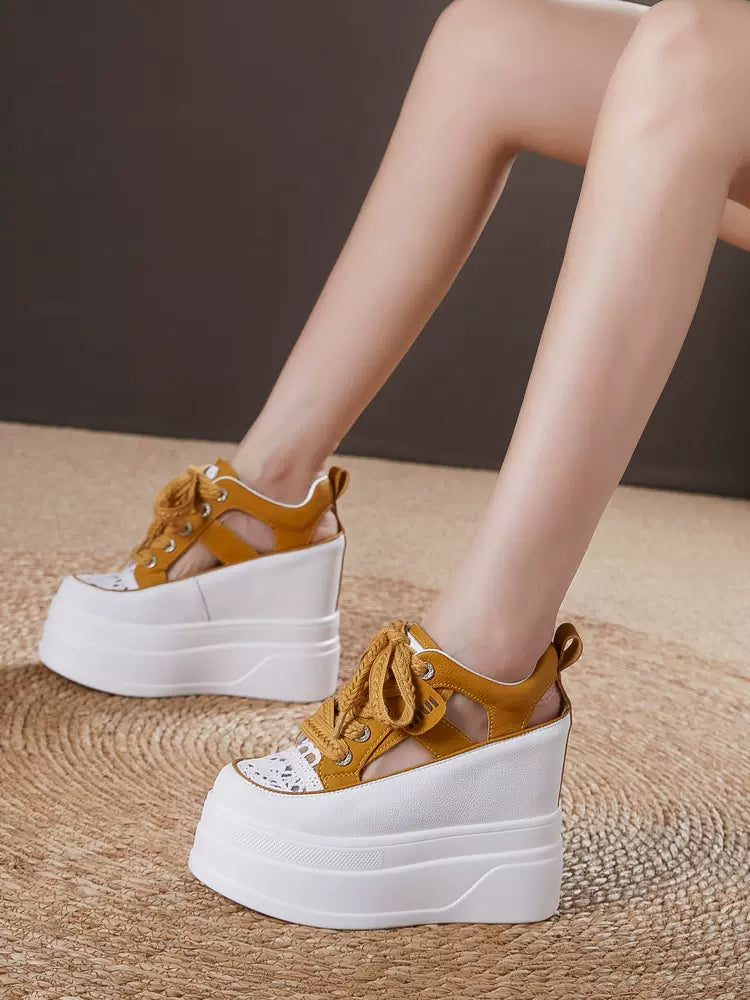 12cm women's shoes 2024 summer new fashion casual versatile thick bottom heightening hollow Roman sandals wedges platform heel