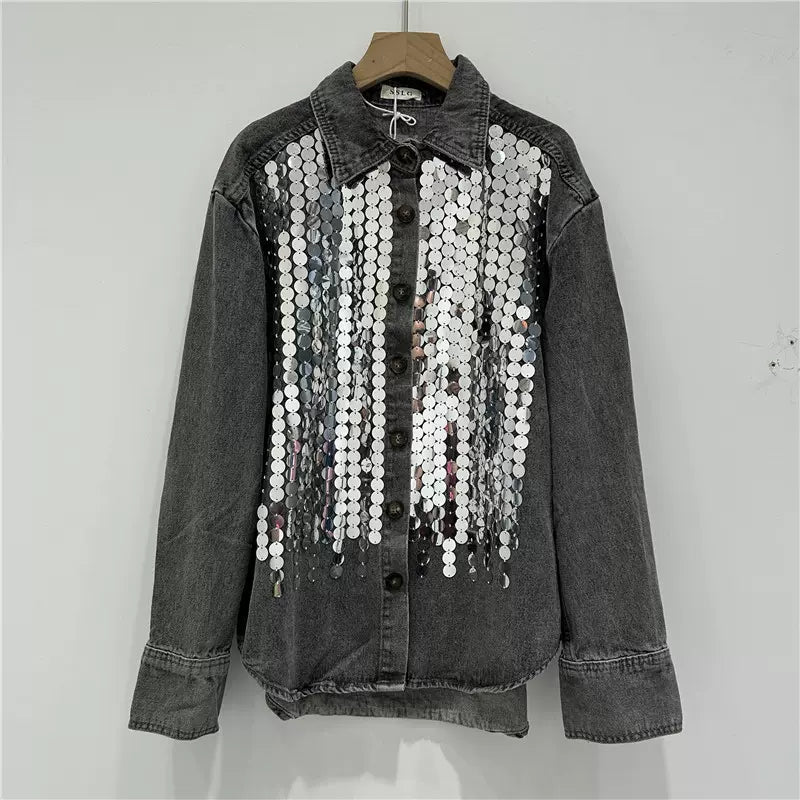 Design heavy sequined street-blasting denim shirt for women 2024 spring new loose shirt oversized Denim Jacket shirt